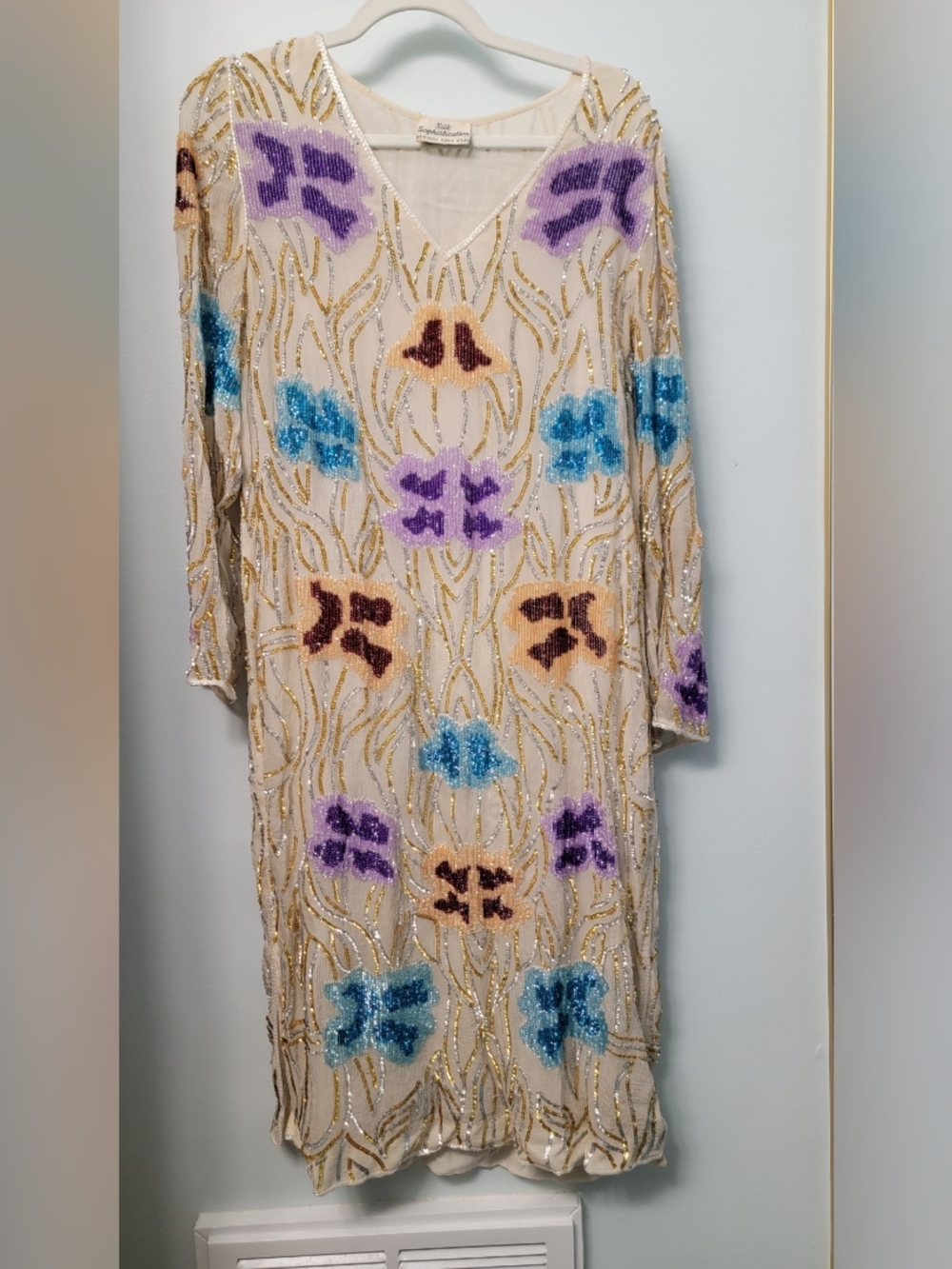 Embellished Ivory Silk Sequin Midi Dress with Multicolor Floral Motifs M